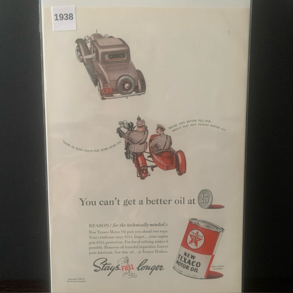 Vintage 1938 Texaco Motor Oil You Can't Get A Better Oil Ad Advertisement